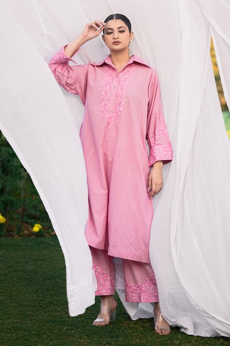 Daljit Sudan Pink Cotton Embroidery Collared Phiran Kurta Set at Aza Fashions Daljit Sudan_Pink Cotton Embroidery Collared Phiran Kurta Set _at_Aza_Fashions