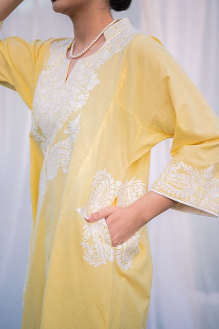 Shop Daljit Sudan Yellow Linen, Cotton Embroidery Split V-neck Phiran Kurta Set Online at Aza Fashions Shop_Daljit Sudan_Yellow Linen, Cotton Embroidery Split V-neck Phiran Kurta Set _Online_at_Aza_Fashions