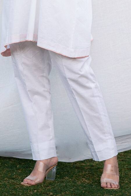 Daljit Sudan_White Linen, Cotton Embroidery Phiran Kurta Set _Online_at_Aza_Fashions