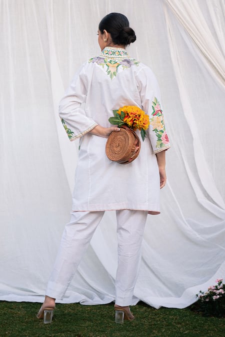 Shop_Daljit Sudan_White Linen, Cotton Embroidery Phiran Kurta Set _at_Aza_Fashions