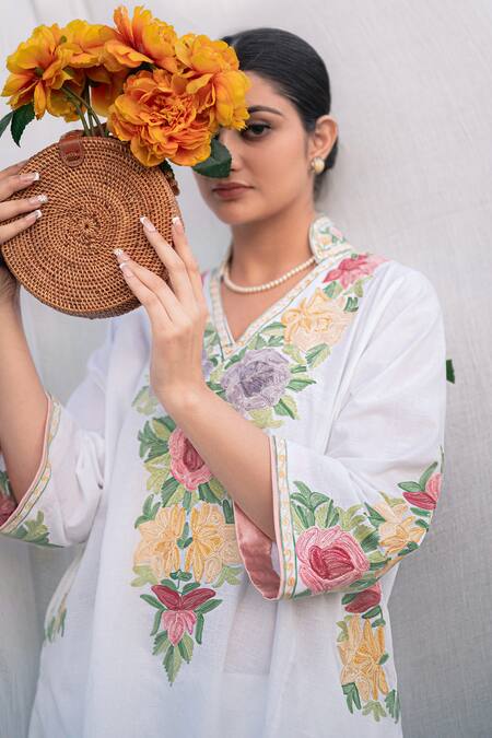 Daljit Sudan_White Linen, Cotton Embroidery Phiran Kurta Set _at_Aza_Fashions