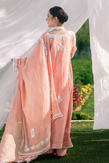 Shop_Daljit Sudan_Pink Silk, Chanderi Embroidery Split V-neck Pastel Kurta Set _at_Aza_Fashions
