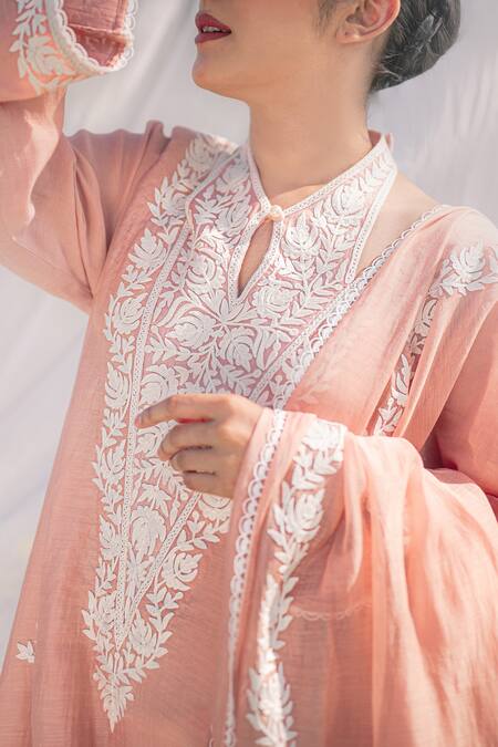 Daljit Sudan_Pink Silk, Chanderi Embroidery Split V-neck Pastel Kurta Set _at_Aza_Fashions