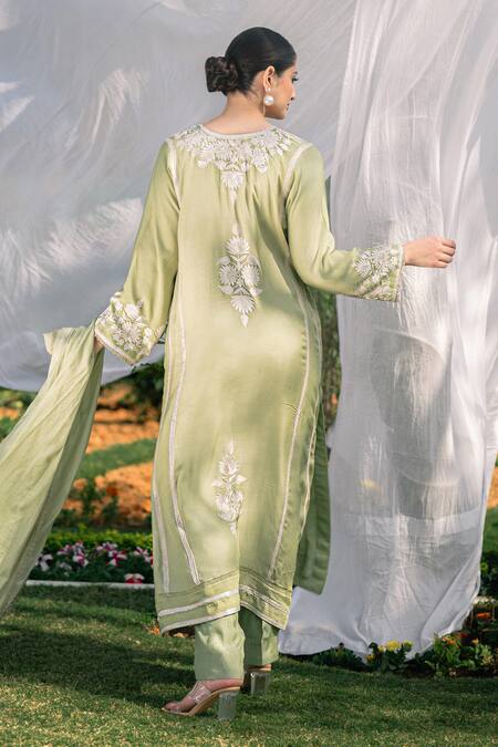 Shop_Daljit Sudan_Mint Muslin, Silk, Chanderi Embroidery Split V-neck Green Kurta Set _at_Aza_Fashions