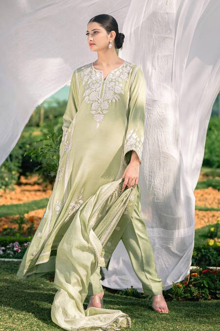 Shop_Daljit Sudan_Mint Muslin, Silk, Chanderi Embroidery Split V-neck Green Kurta Set _Online_at_Aza_Fashions