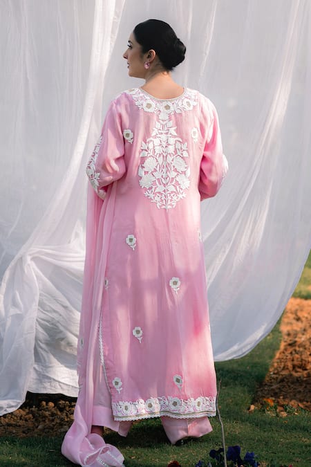Shop_Daljit Sudan_Pink Organza, Satin Embroidery Split V-neck Light Kurta Set _at_Aza_Fashions