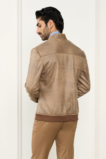 Shop_Gargee Designers_Beige Leatherette Bomber Jacket _at_Aza_Fashions