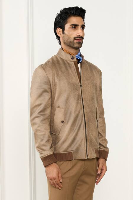 Shop_Gargee Designers_Beige Leatherette Bomber Jacket _Online_at_Aza_Fashions
