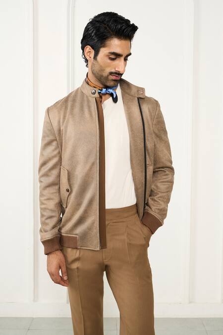 Gargee Designers_Beige Leatherette Bomber Jacket _at_Aza_Fashions