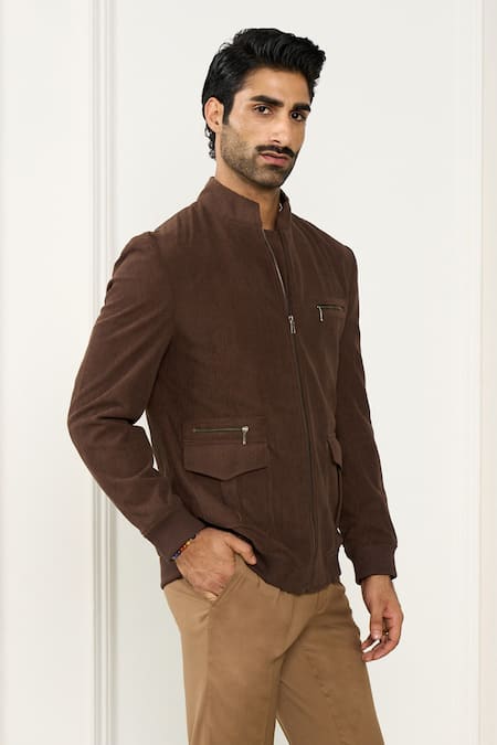 Buy_Gargee Designers_Brown Polyester, Viscose Corduroy Bomber Jacket _Online_at_Aza_Fashions