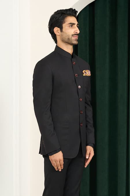 Shop Gargee Designers Black Polyester, Wool Designer Bandhgala Set Online at Aza Fashions Shop_Gargee Designers_Black Polyester, Wool Designer Bandhgala Set _Online_at_Aza_Fashions