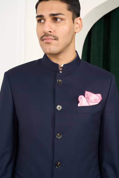 Shop Gargee Designers Blue Polyester Navy Designer Bandhgala Set Online at Aza Fashions Shop_Gargee Designers_Blue Polyester Navy Designer Bandhgala Set _Online_at_Aza_Fashions