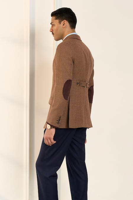 Buy_Gargee Designers_Brown Wool Houndstooth Single Breasted Blazer _Online_at_Aza_Fashions