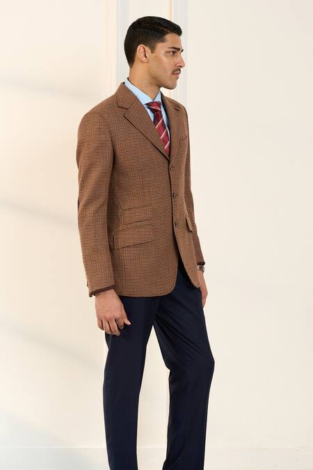 Shop_Gargee Designers_Brown Wool Houndstooth Single Breasted Blazer _Online_at_Aza_Fashions