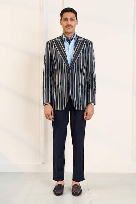 Gargee Designers_Blue Polyester, Cotton, Viscose Striped Designer Single Breasted Blazer_Online_at_Aza_Fashions