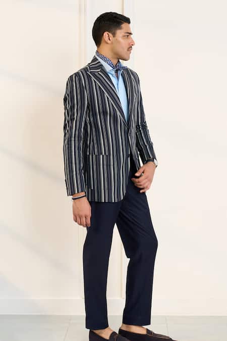 Buy_Gargee Designers_Blue Polyester, Cotton, Viscose Striped Designer Single Breasted Blazer_Online_at_Aza_Fashions