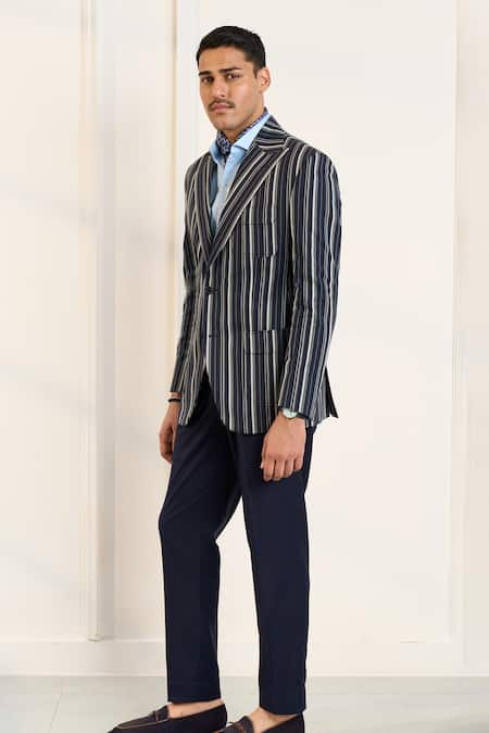 Shop_Gargee Designers_Blue Polyester, Cotton, Viscose Striped Designer Single Breasted Blazer_Online_at_Aza_Fashions