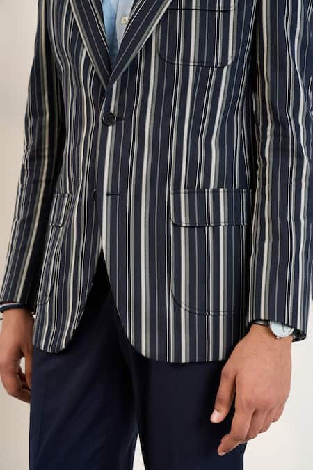 Gargee Designers_Blue Polyester, Cotton, Viscose Striped Designer Single Breasted Blazer_at_Aza_Fashions