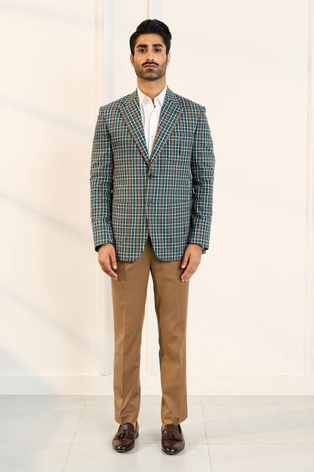 Gargee Designers_Green Polyester, Cotton, Viscose Checkered Single Breasted Blazer _Online_at_Aza_Fashions