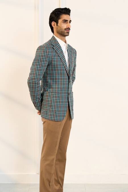 Buy_Gargee Designers_Green Polyester, Cotton, Viscose Checkered Single Breasted Blazer _Online_at_Aza_Fashions