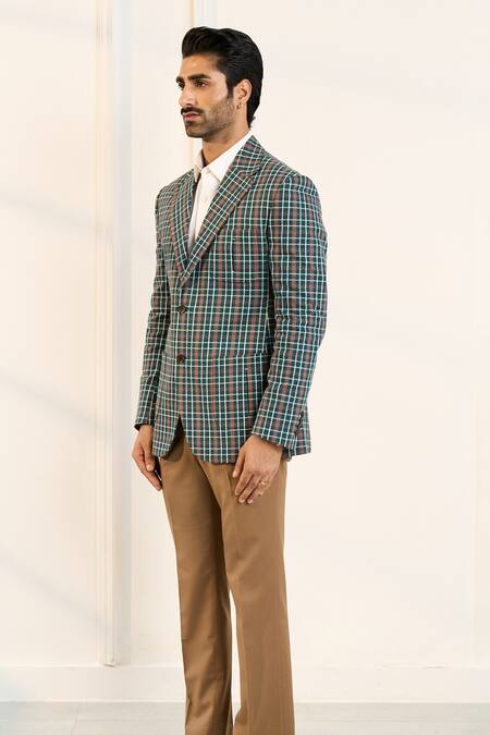 Shop_Gargee Designers_Green Polyester, Cotton, Viscose Checkered Single Breasted Blazer _Online_at_Aza_Fashions