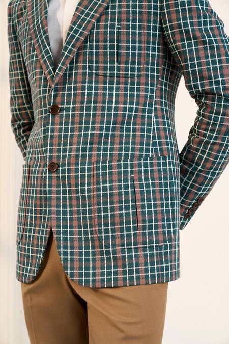 Gargee Designers_Green Polyester, Cotton, Viscose Checkered Single Breasted Blazer _at_Aza_Fashions