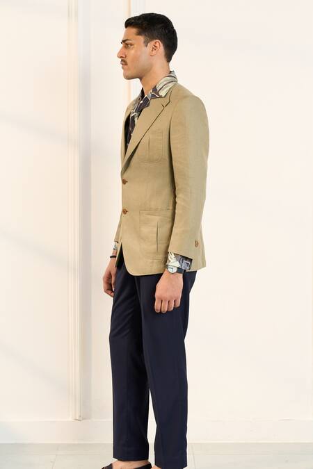 Buy Gargee Designers Green Linen Single Breasted Blazer Online at Aza Fashions Buy_Gargee Designers_Green Linen Single Breasted Blazer_Online_at_Aza_Fashions