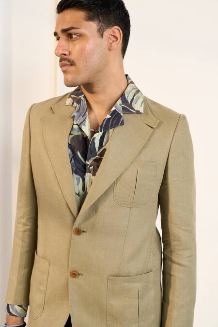 Shop Gargee Designers Green Linen Single Breasted Blazer Online at Aza Fashions Shop_Gargee Designers_Green Linen Single Breasted Blazer_Online_at_Aza_Fashions