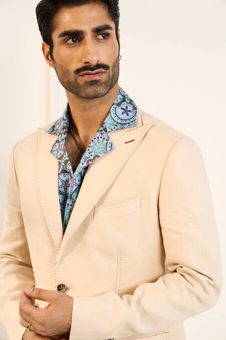 Gargee Designers_Beige Linen Single Breasted Blazer _Online_at_Aza_Fashions