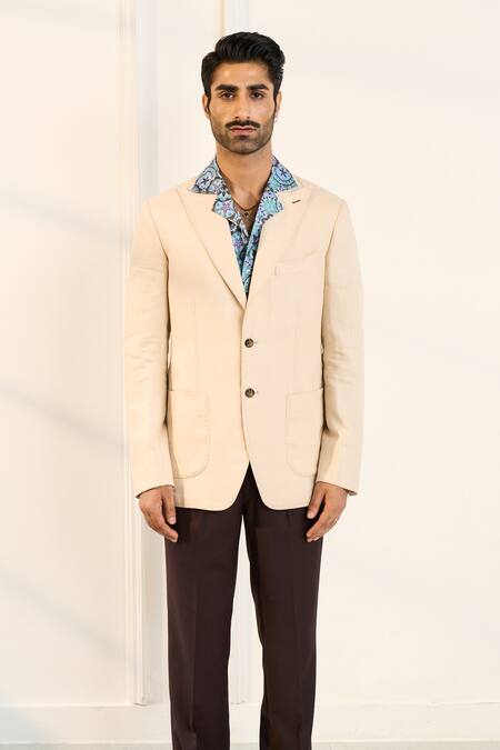 Gargee Designers_Beige Linen Single Breasted Blazer _at_Aza_Fashions