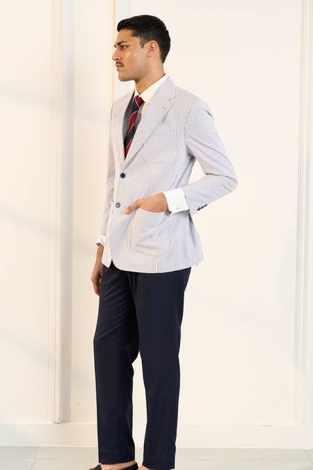 Shop Gargee Designers White Cotton Striped Blazer Online at Aza Fashions Shop_Gargee Designers_White Cotton Striped Blazer _Online_at_Aza_Fashions