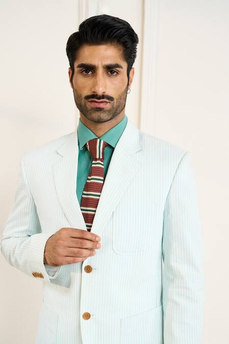 Shop Gargee Designers Green Cotton Striped Blazer Online at Aza Fashions Shop_Gargee Designers_Green Cotton Striped Blazer _Online_at_Aza_Fashions