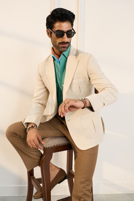 Shop_Gargee Designers_Beige Linen Single Breasted Blazer _Online_at_Aza_Fashions