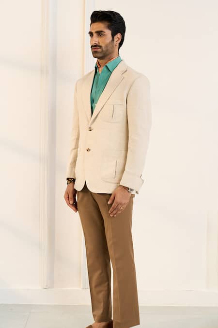 Gargee Designers_Beige Linen Single Breasted Blazer _at_Aza_Fashions