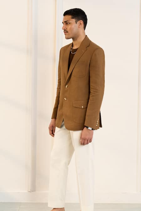 Gargee Designers_Brown Linen Single Breasted Blazer _Online_at_Aza_Fashions