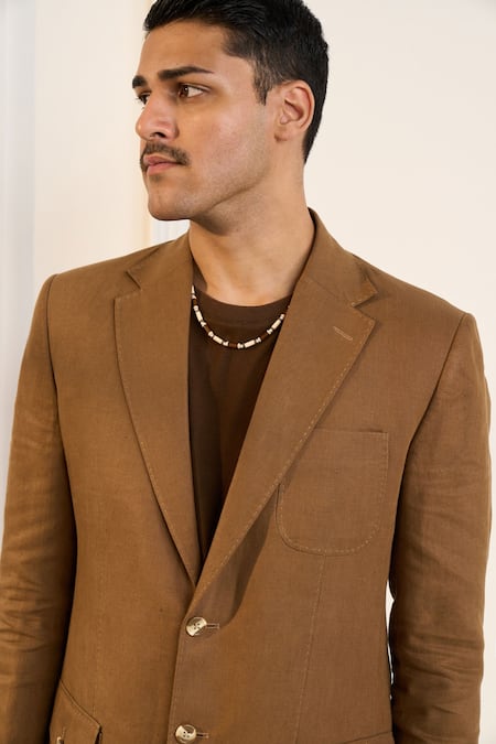 Shop_Gargee Designers_Brown Linen Single Breasted Blazer _Online_at_Aza_Fashions