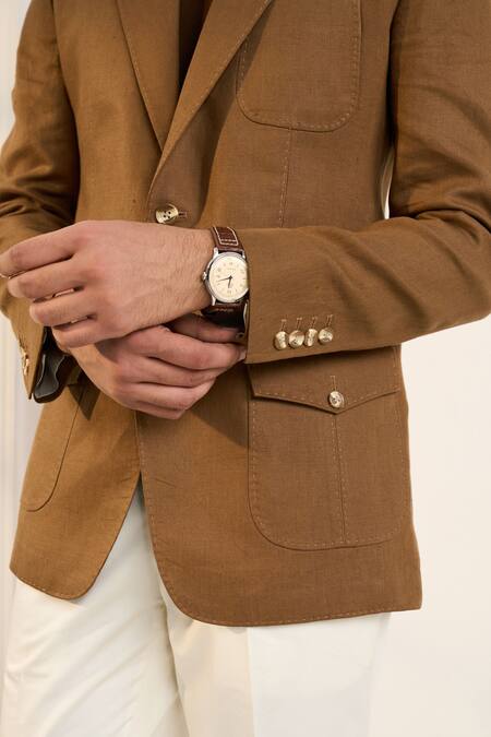 Buy_Gargee Designers_Brown Linen Single Breasted Blazer 