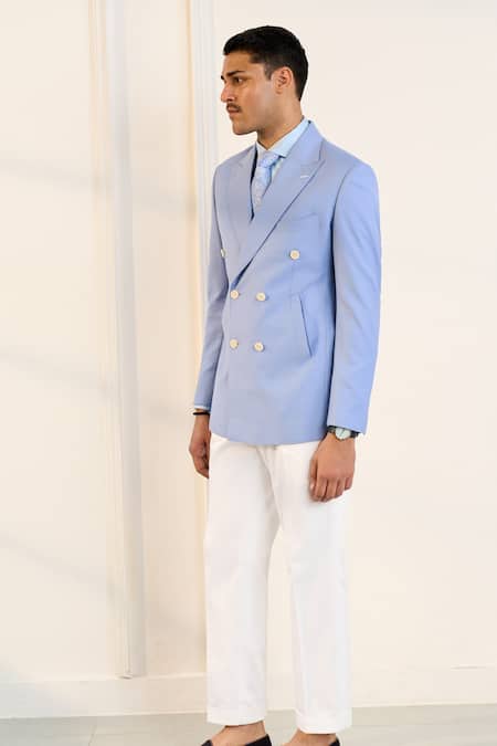 Gargee Designers_Blue Wool Double Breasted Designer Blazer _Online_at_Aza_Fashions