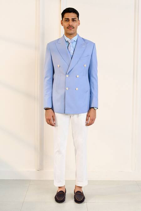 Buy_Gargee Designers_Blue Wool Double Breasted Designer Blazer _Online_at_Aza_Fashions