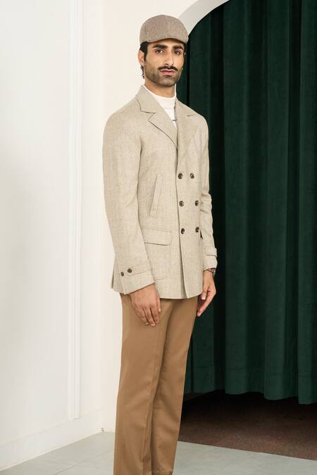 Gargee Designers_Beige Wool Herringbone Double Breasted Blazer _Online_at_Aza_Fashions