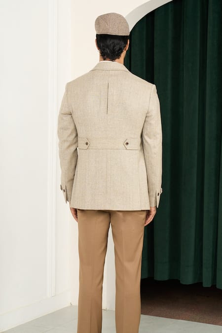 Shop_Gargee Designers_Beige Wool Herringbone Double Breasted Blazer _at_Aza_Fashions
