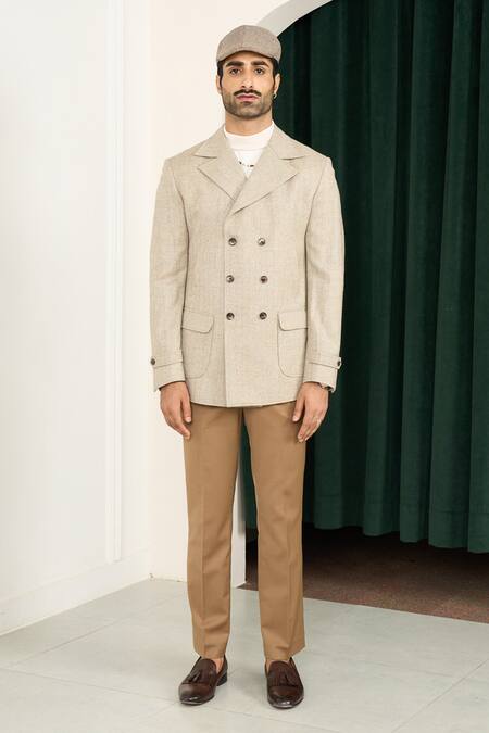Buy_Gargee Designers_Beige Wool Herringbone Double Breasted Blazer _Online_at_Aza_Fashions