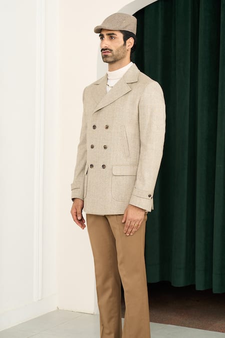 Shop_Gargee Designers_Beige Wool Herringbone Double Breasted Blazer _Online_at_Aza_Fashions