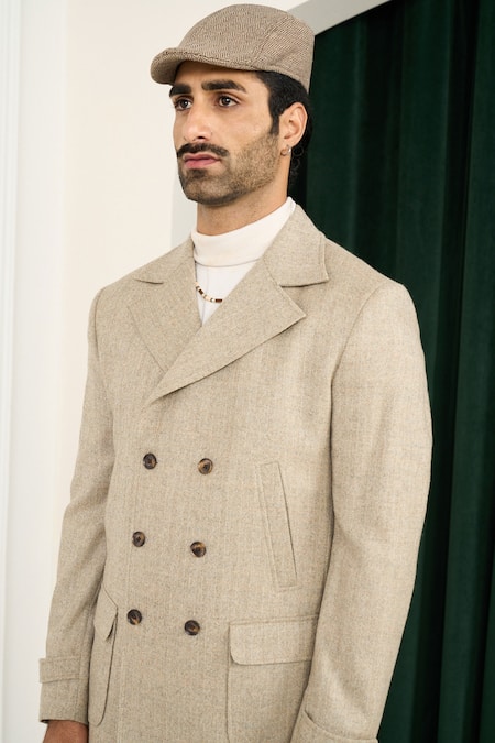 Gargee Designers_Beige Wool Herringbone Double Breasted Blazer _at_Aza_Fashions