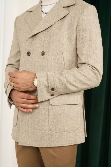 Buy_Gargee Designers_Beige Wool Herringbone Double Breasted Blazer 