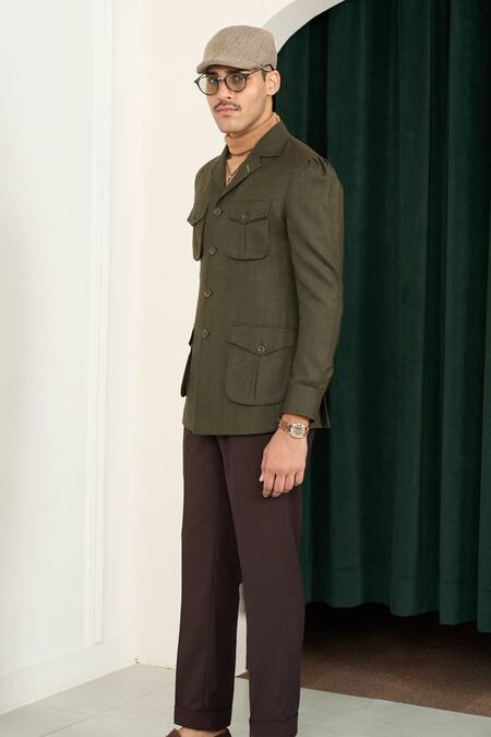 Gargee Designers_Green Wool Herringbone Blazer _Online_at_Aza_Fashions