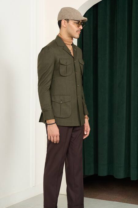 Shop_Gargee Designers_Green Wool Herringbone Blazer _Online_at_Aza_Fashions