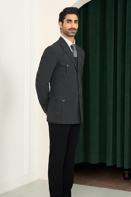 Gargee Designers_Gray Polyester, Wool Grey Seersucker Gingham Chequered Blazer _Online_at_Aza_Fashions