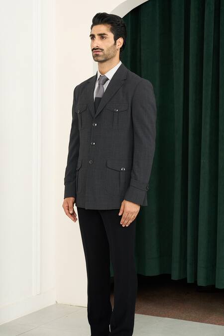 Shop_Gargee Designers_Gray Polyester, Wool Grey Seersucker Gingham Chequered Blazer _Online_at_Aza_Fashions