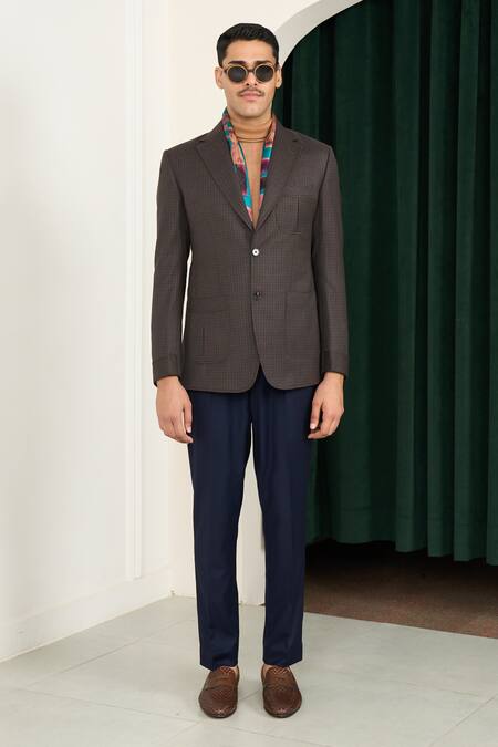 Gargee Designers_Brown Polyester, Wool Gingham Chequered Blazer _Online_at_Aza_Fashions